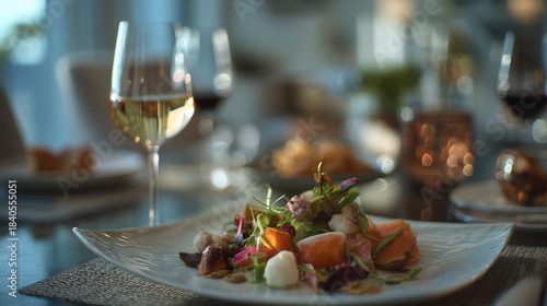 Artfully plated salad with salmon and vegetables on a white square plate with wine glasses and soft bokeh background.