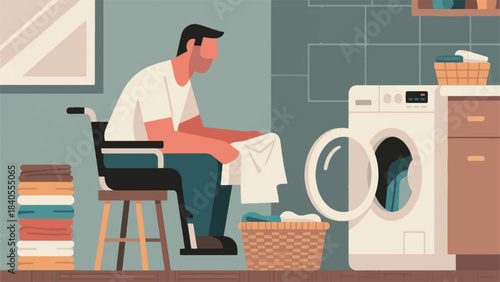Illustration Of Man With Limited Mobility, Seated On A Sturdy Stool, Is Transferring Clothes From A Washing Machine Vector Design Template