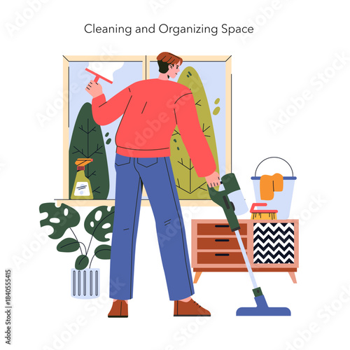 Person Cleaning and Organizing Space Vector Illustration