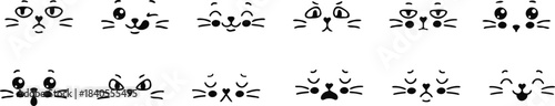 Cute black and white cat face icon set featuring playful expressions. Minimal line-style illustrations perfect for stickers, prints, and digital designs. Charming cartoon graphics for creative project