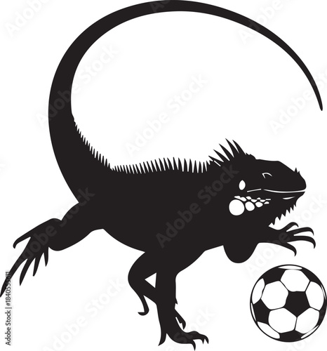 Silhouette of an iguana playing with a soccer ball