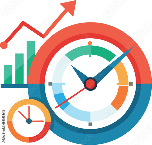 Time management concept with a clock charts and graphs illustrating efficiency and progress