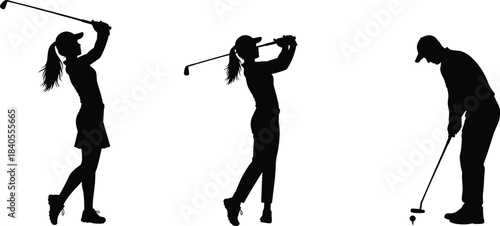 Silhouettes of golf players, a woman swinging a driver and an iron, and a man putting, illustrating different golf shots and techniques, flat vector illustration on white