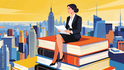 This illustration shows a business professional sitting atop towering stacks of colorful books, symbolizing knowledge, education, and the foundation of career success and intellectual growth.