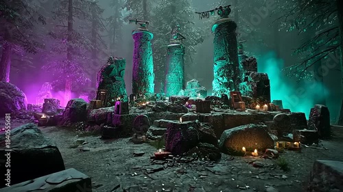 Enchanted Forest Altar: Eerie Ritual Site with Glowing Lights and Ancient Ruins creates a magical