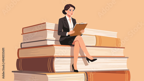 This illustration shows a business professional sitting atop towering stacks of colorful books, symbolizing knowledge, education, and the foundation of career success and intellectual growth.