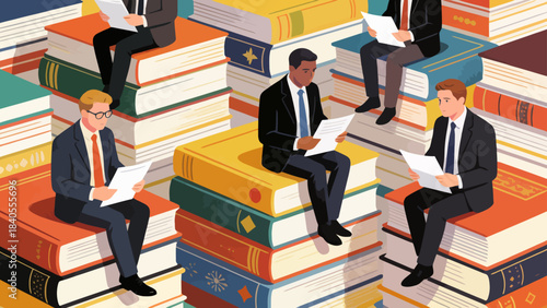 This illustration shows a business professional sitting atop towering stacks of colorful books, symbolizing knowledge, education, and the foundation of career success and intellectual growth.