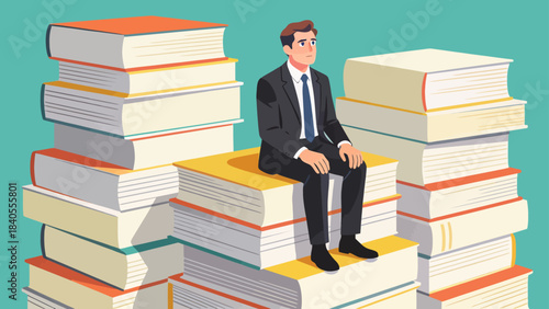 This illustration shows a business professional sitting atop towering stacks of colorful books, symbolizing knowledge, education, and the foundation of career success and intellectual growth.