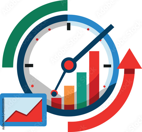 Time management and productivity concept with clock graph and arrow showing progress