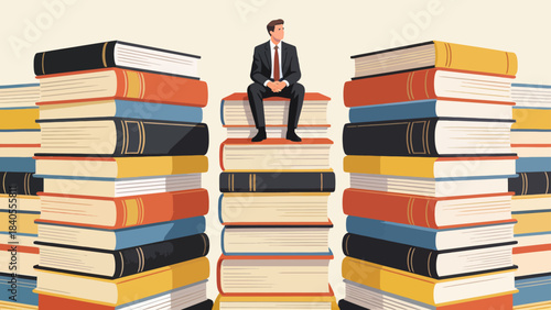 This illustration shows a business professional sitting atop towering stacks of colorful books, symbolizing knowledge, education, and the foundation of career success and intellectual growth.