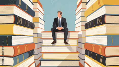 This illustration shows a business professional sitting atop towering stacks of colorful books, symbolizing knowledge, education, and the foundation of career success and intellectual growth.