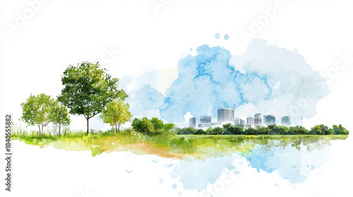 Serene landscape featuring lush green trees and city skyline in background, blending nature with urban life. watercolor effect adds calming touch