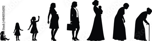 Stages of a Woman's Life Cycle, Showing Growth, Development, Pregnancy, Career, Motherhood, Aging, and Senior Years, Isolated Black Vector Silhouette
