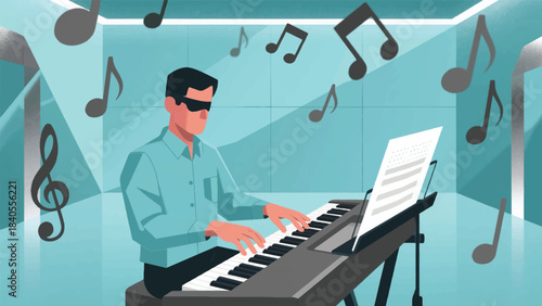 Illustration Of Musician With A Visual Impairment Is Playing A Keyboard Vector Design Template