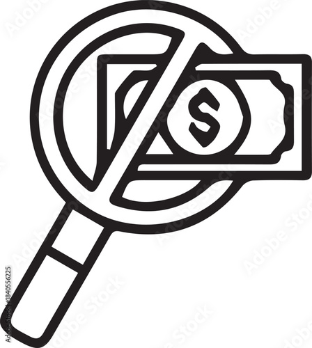 Magnifying glass with crossed out dollar bill, no funds search