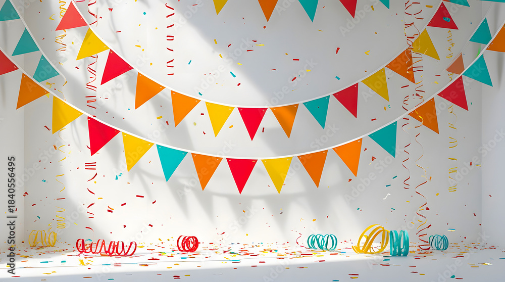 Obraz premium Celebratory Room with Banners and Confetti Showcasing Festive Decorations Creating a Cheerful Atmosphere for Special Occasions and Themed Events With Bright Lighting