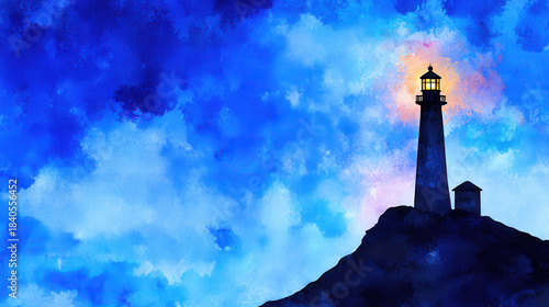 Serene lighthouse stands atop rocky hill, illuminated against vibrant blue sky filled with soft clouds, evoking sense of calm and guidance