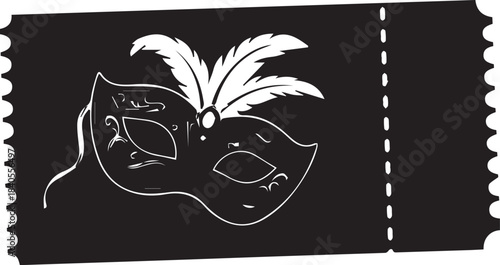 Black ticket with a decorative masquerade mask and feathers illustration