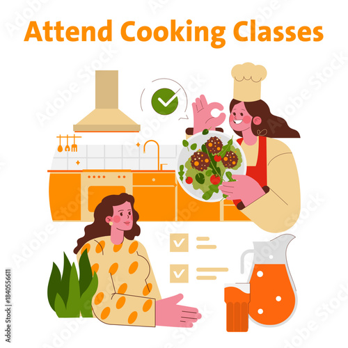 Vector Illustration of Attending Cooking Classes in Kitchen