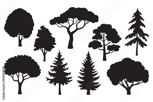Collection of black silhouettes various trees nature forest	

