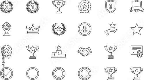 Award trophies, medals, crowns, certificates, badges, podiums, handshake, and achievement icons collection representing success, recognition, excellence, leadership, winning, and competition victory.