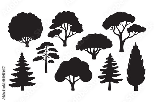 Collection of black silhouettes various trees nature forest	

