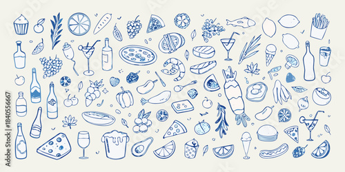 A charming blue sketch featuring various food and drink items arranged creatively