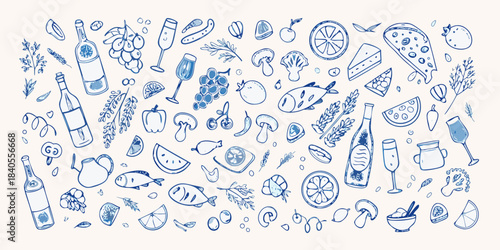A blue line art illustration depicting a variety of food and drink items