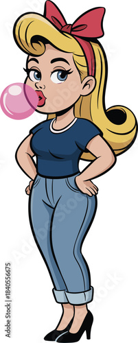 Cartoon illustration of retro pin up girl blowing bubble gum, wearing jeans, high heels, red headband, and navy shirt