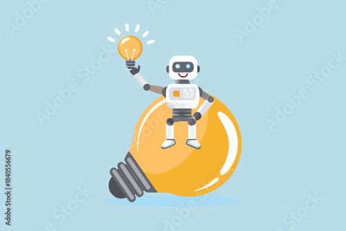 A robot sitting on a light bulb holding another glowing bulb