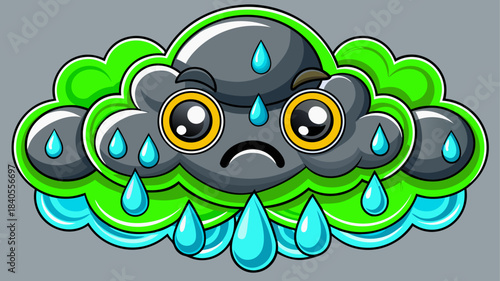 Very beautiful stylized dark gray cloud illustration with a grumpy expression, releasing bright green raindrops in a playful and modern weather-themed design.
