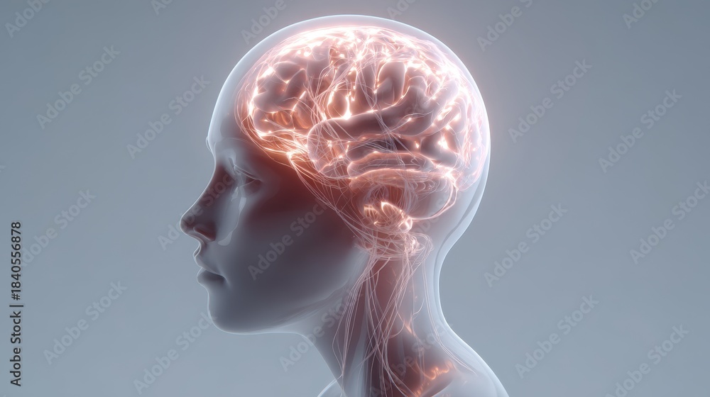 Obraz premium Human head profile visualizing a glowing brain and nervous system, generating new ideas, thinking, learning, and developing artificial intelligence concepts mental diseases ai psychology neuroscience
