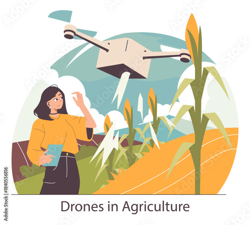 Drone Monitoring in Agriculture Vector Illustration