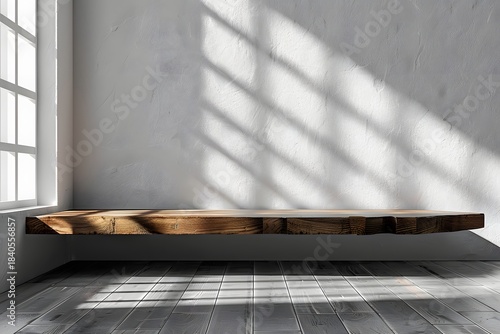 Rustic wooden shelf with window light and shadows plank Photo