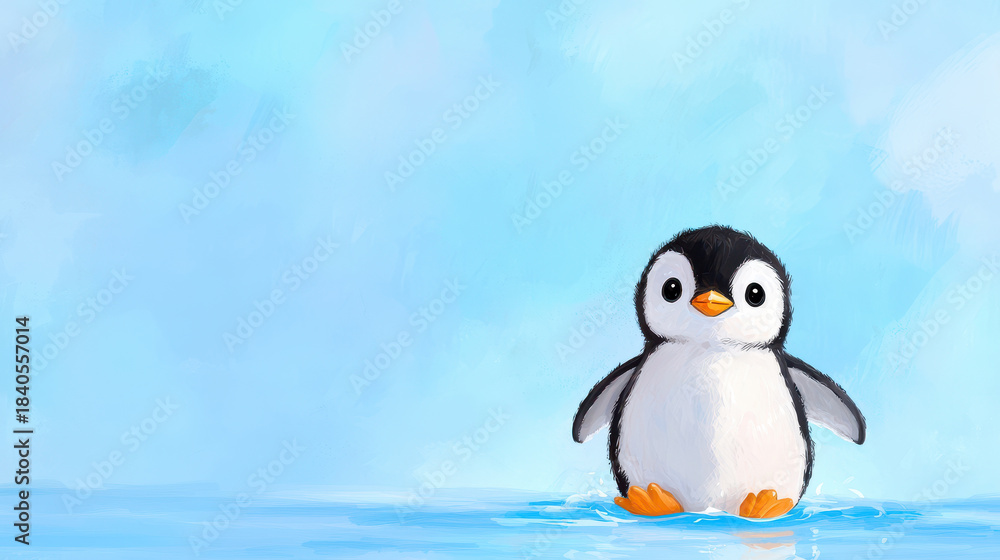 Fototapeta premium Cute cartoon penguin standing in water, surrounded by soft blue background, evokes sense of joy and playfulness