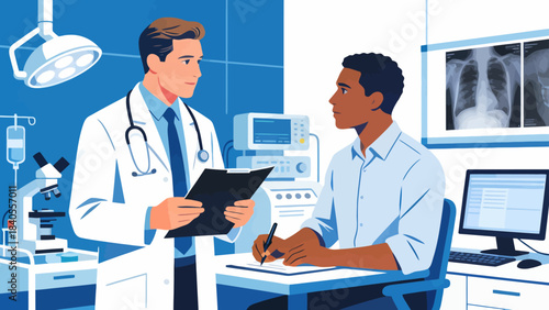 This illustration shows doctors collaborating around a desk, reviewing documents and a tablet, representing healthcare teamwork, clinical discussion, and medical planning.