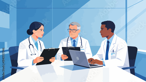 This illustration shows doctors collaborating around a desk, reviewing documents and a tablet, representing healthcare teamwork, clinical discussion, and medical planning.