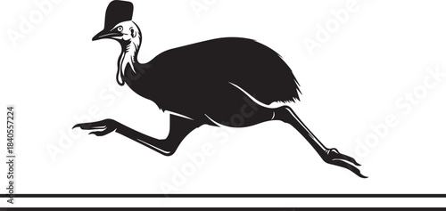 Silhouette of a cassowary bird running with a top hat