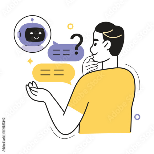 Hiring human resource vector illustration. Thoughtful man interacts with a chatbot, seeking answers and receiving automated support or information. 
