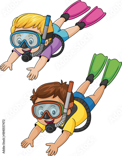 Cartoon illustration of two kids snorkeling underwater wearing diving masks, flippers, and snorkel gear enjoying fun swimming and marine adventure