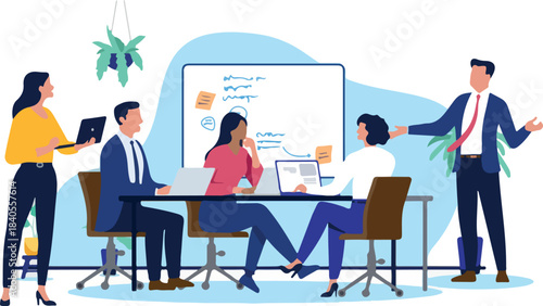 A diverse group of business people in an office meeting, with a presenter standing by a whiteboard and colleagues seated with laptops, flat design vector illustration