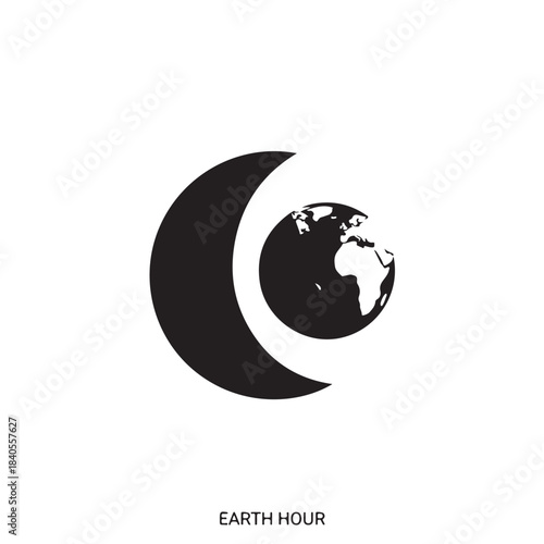 Earth Hour logo in minimalist style with dark silhouette and white continents on simple white background for environmental awareness