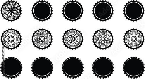 Vintage Bottle Cap Collection, Set of 15 Black and White Vector Illustrations with Ornate and Blank Designs for Beverage, Beer, Soda, and Retro Branding Projects, Metal Drink Closure Icon