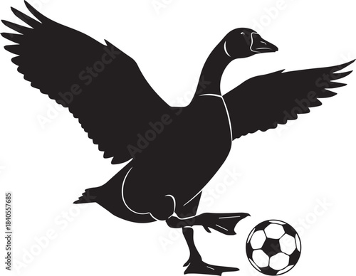 Silhouette of a goose playing soccer with its foot on a ball