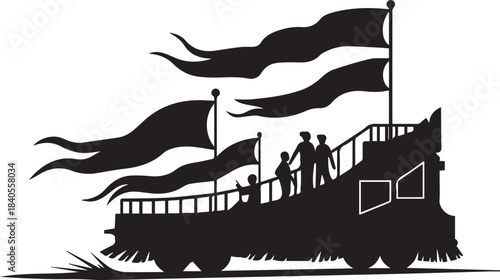 Silhouette of a vintage truck with people and flags against a white background