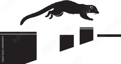 Silhouette of a mongoose jumping over obstacles in a stylized graphic
