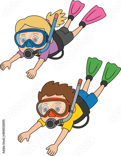 Cartoon illustration of two kids snorkeling underwater wearing diving masks, flippers, and snorkel gear enjoying fun swimming and marine adventure