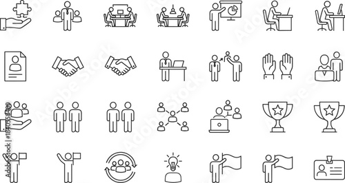Business teamwork and leadership line icon set featuring collaboration, communication, human resources, networking, employee management, professional development, and corporate success symbols.