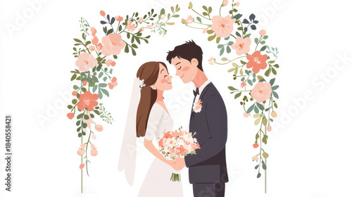 Joyful couple stands together in floral wedding setting, sharing loving moment. bride holds bouquet, while groom smiles warmly