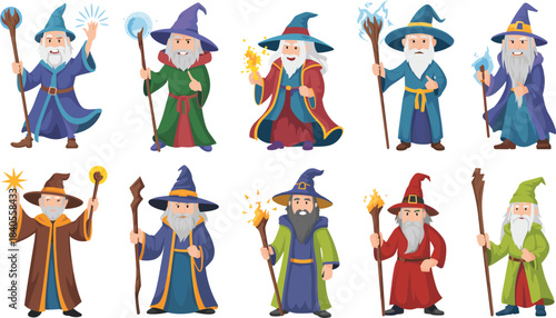 Cartoon illustration set of fantasy wizards with magical staffs, colorful robes, beards, and hats casting spells in mystical style